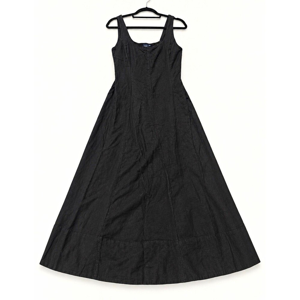 Gap Black Linen Blend Fit & Flare Midi Dress Smocked Back Women’s S Petite